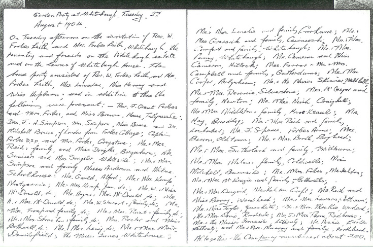 Letter describing garden party at Whitehaugh House